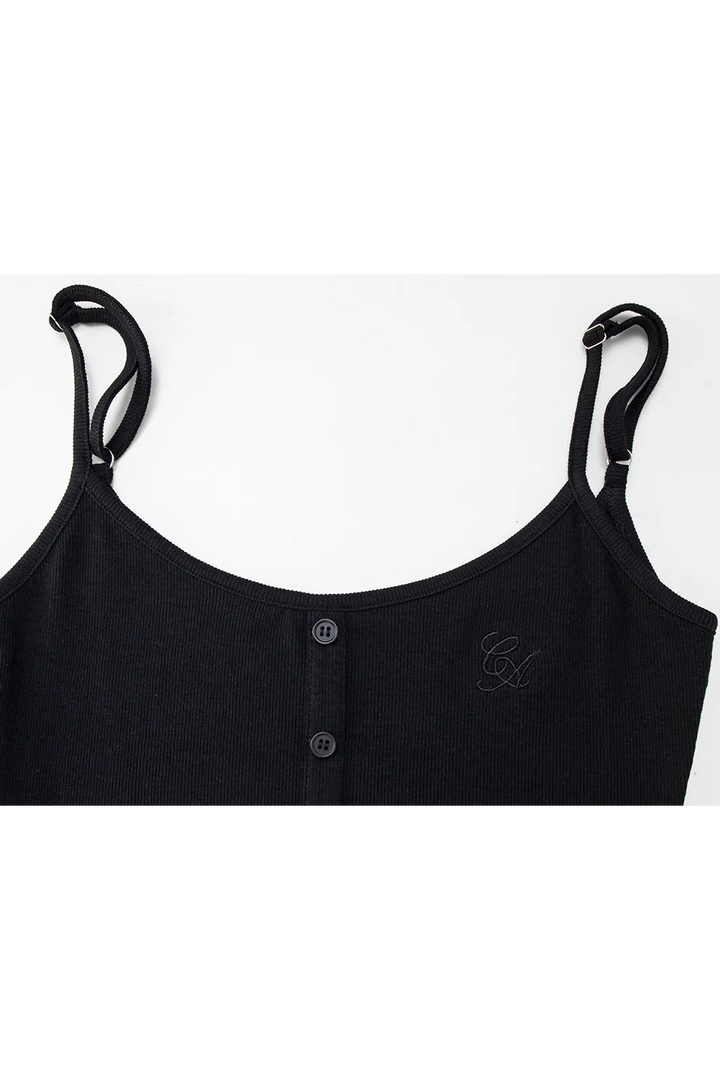 Women's Ribbed Tank Top with Button Detail and Adjustable Straps