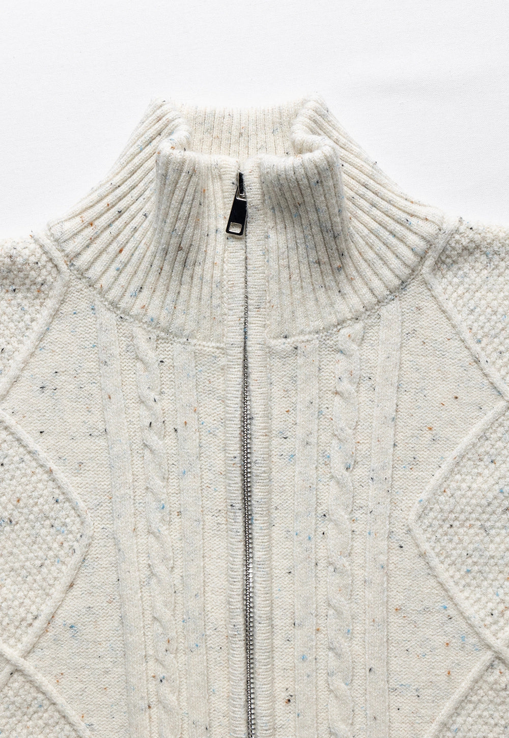 Cable-Knit High-Neck Zip-Up Cardigan