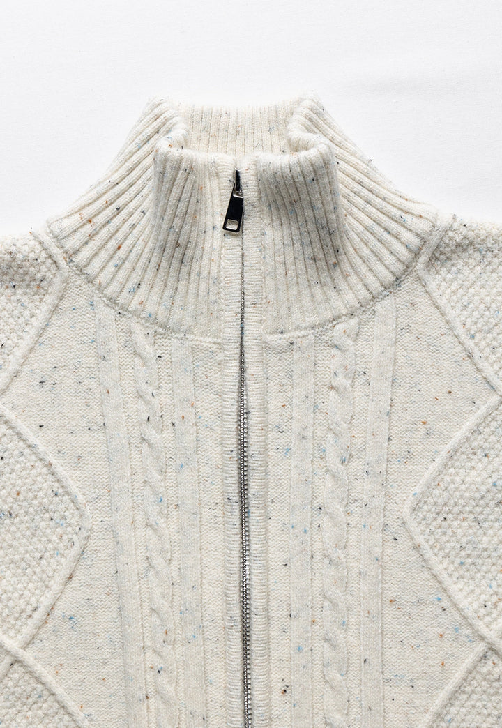 Cable-Knit High-Neck Zip-Up Cardigan