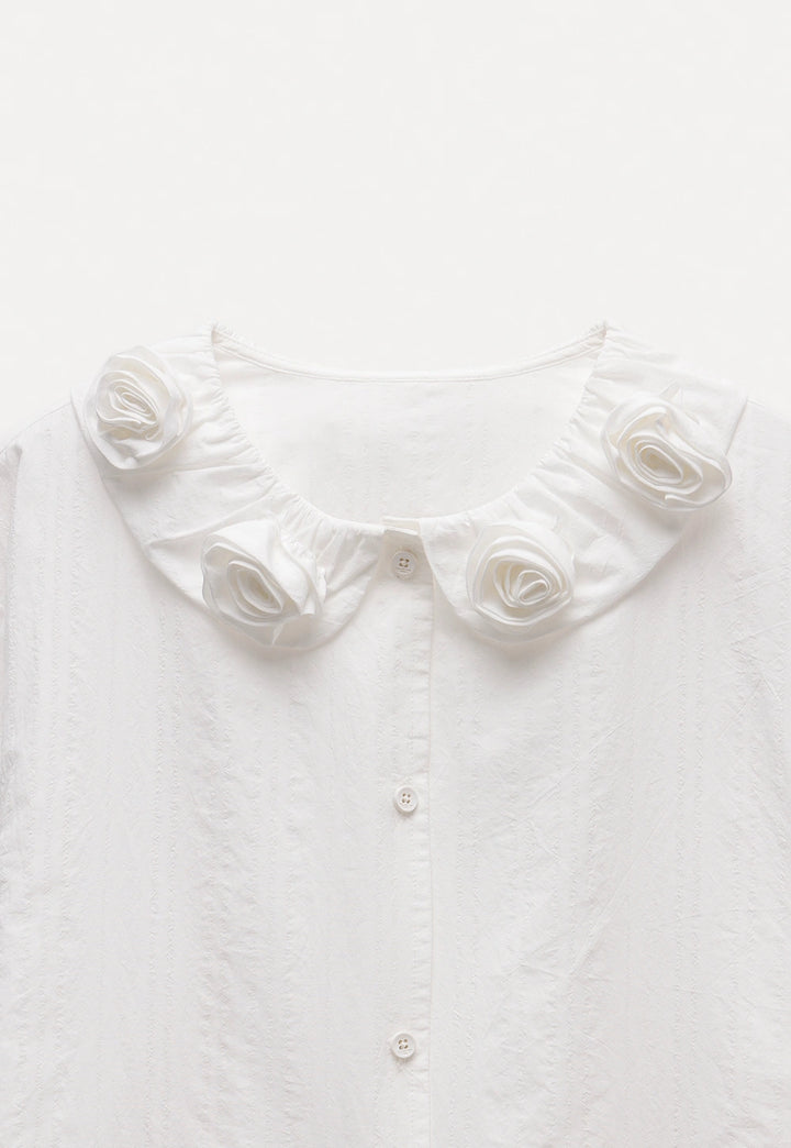 White Button-Up Blouse with Floral Embellished Collar