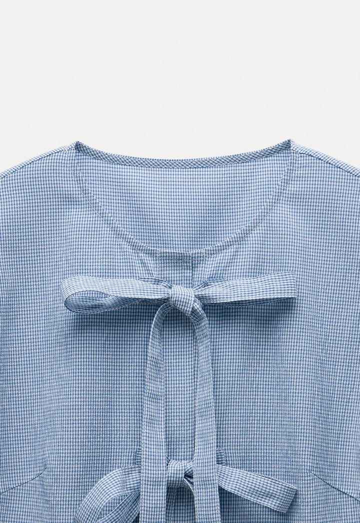 Charming Gingham Puff Sleeve Bowknot Blouse