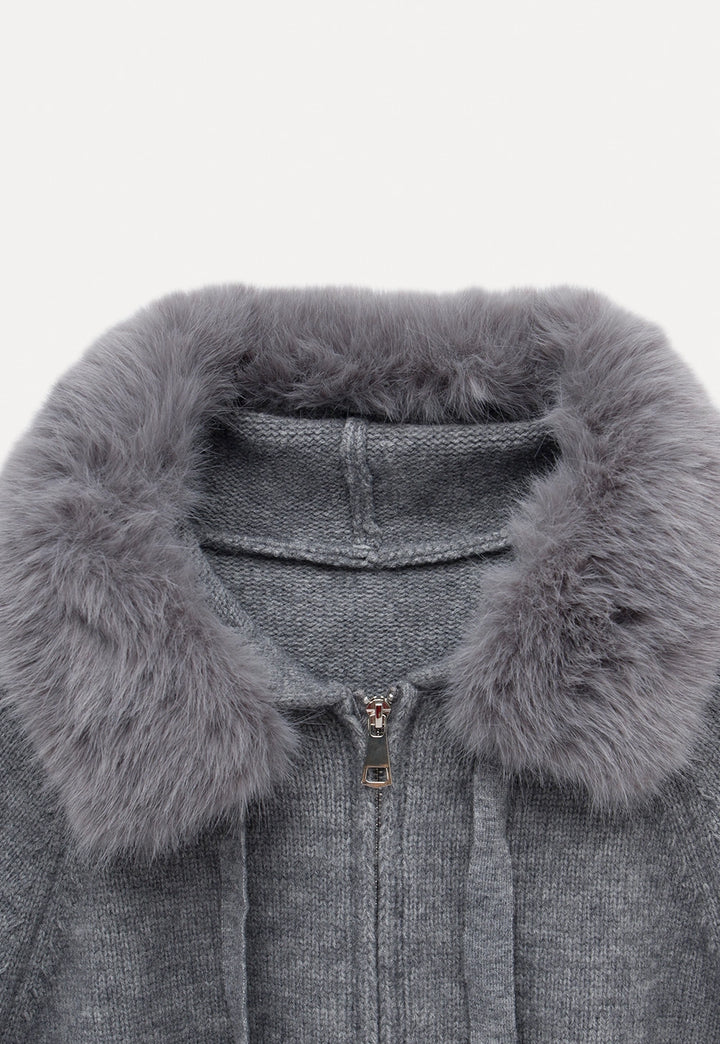 Premium Fur Collar Zippered Hooded Sweater Jacket