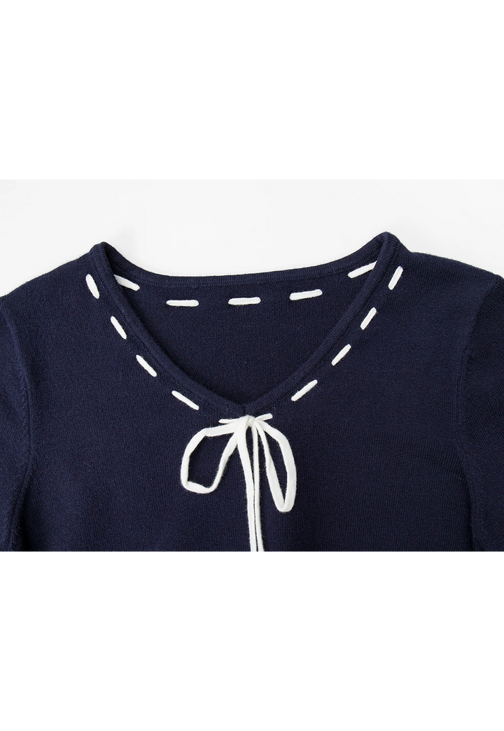 Women's Navy Knit Sweater with Ribbon Tie Detail