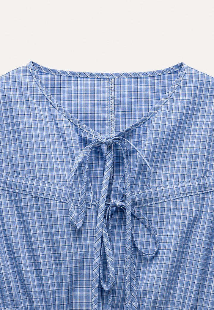 V-Neck Plaid Puff-Sleeve Blouse with Drawstring Detail