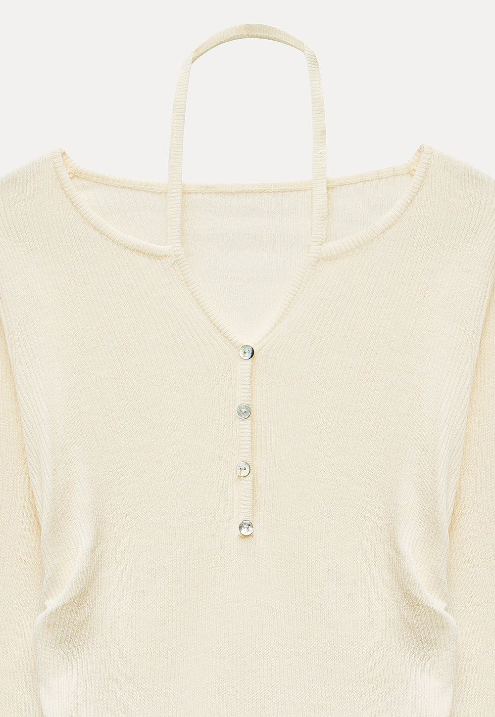 Halter-Neck Button-Down Long Sleeve Knit Top