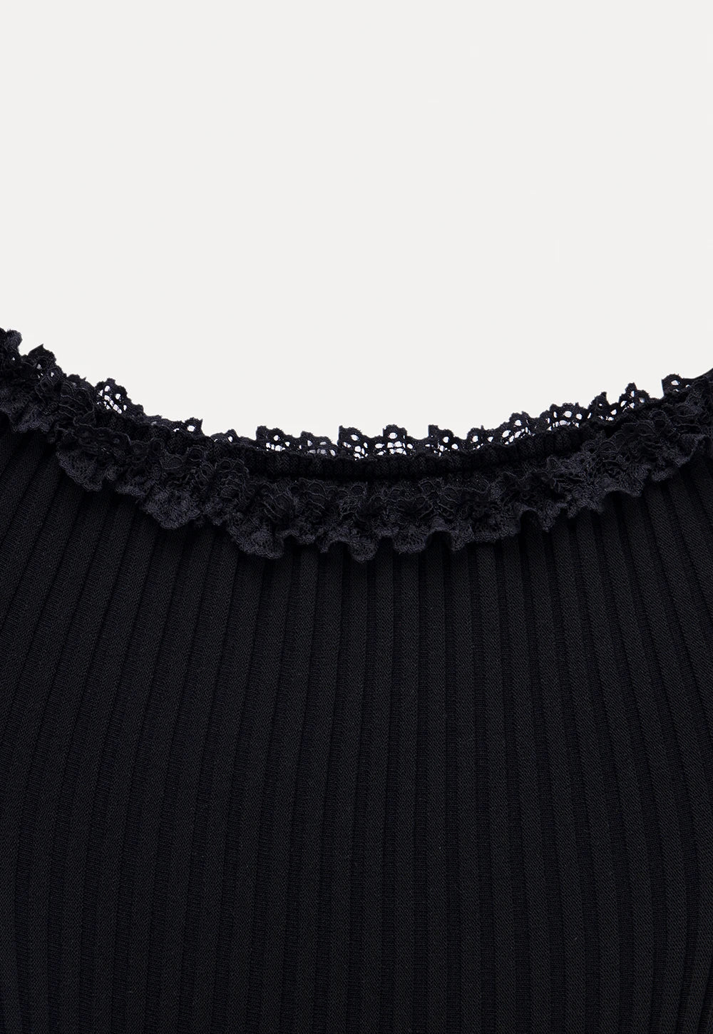 Ribbed Off-Shoulder Knit Top with Lace Trim and Bow Detail