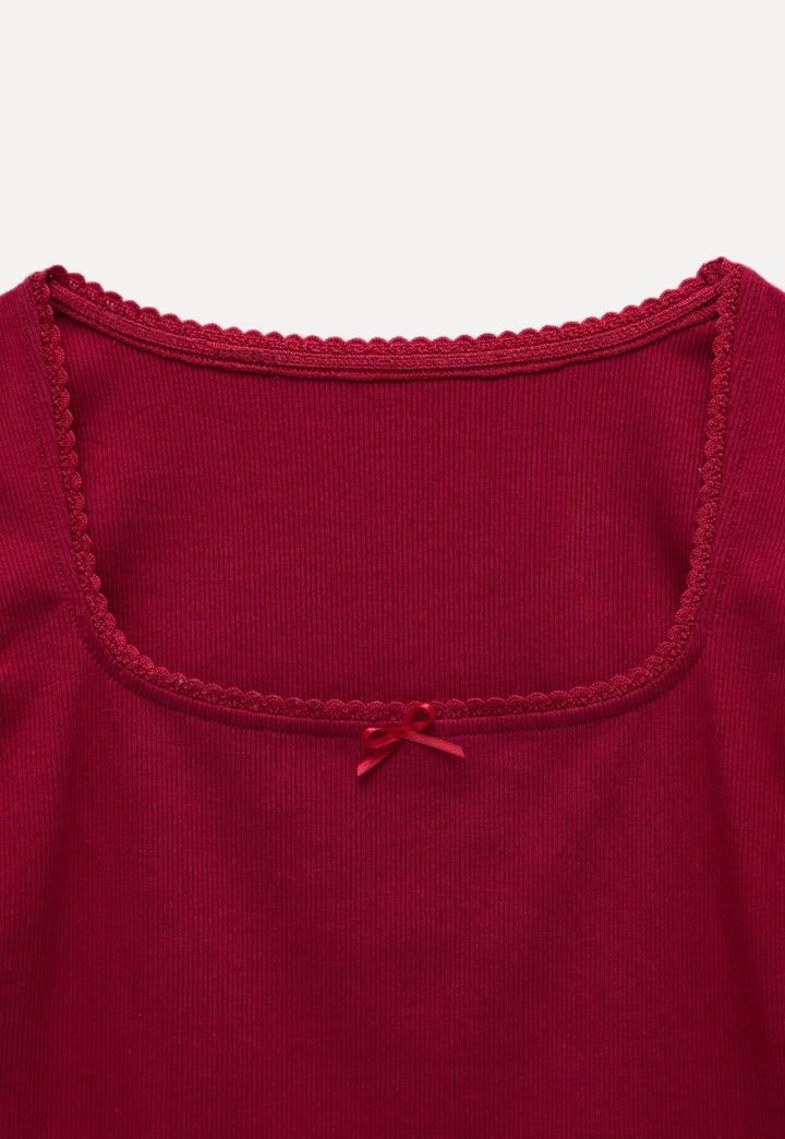 Ribbed Tank Top with Lace Trim and Bow Detail