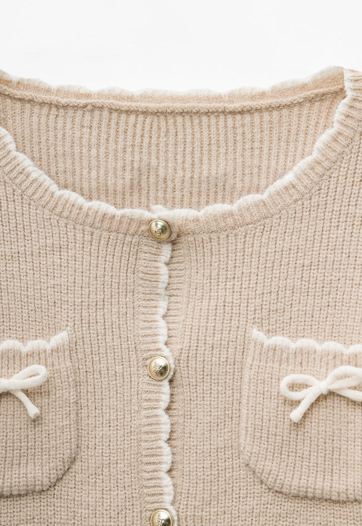 Bow Pocket Trim Knit Cardigan