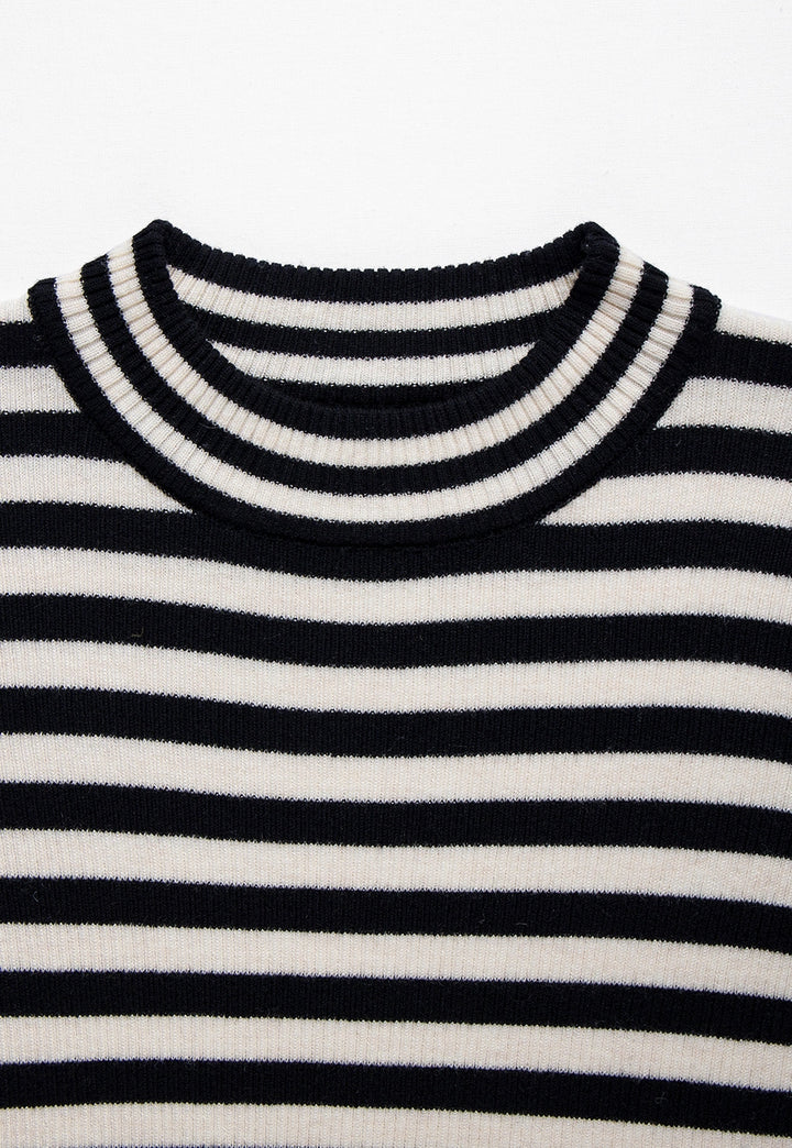 Women's Striped Long-Sleeve Mock Neck Ribbed Knit Top