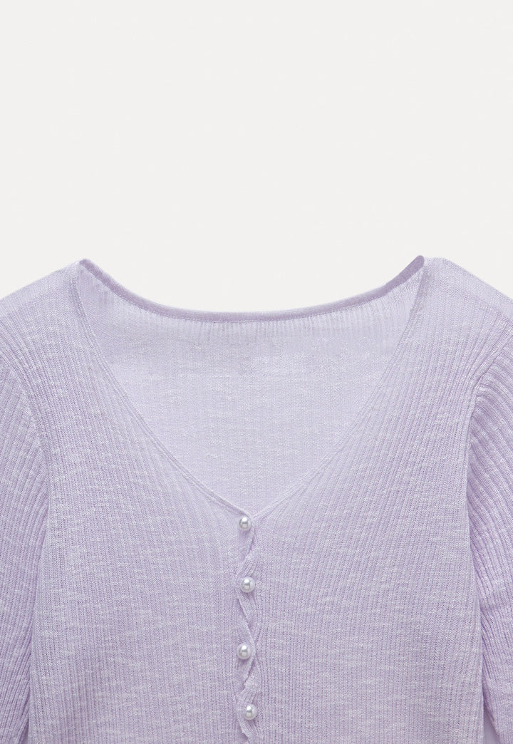 V-Neck Pearl Cross-Button Lightweight Knit Cardigan