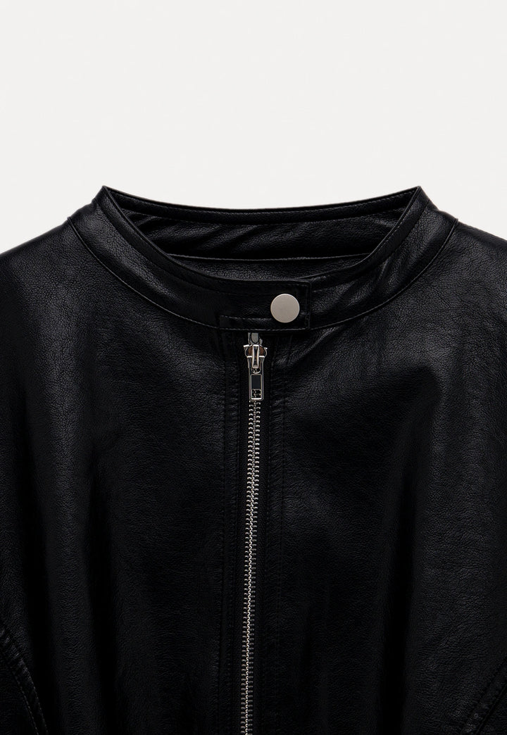 Women's Black Faux Leather Bomber Jacket