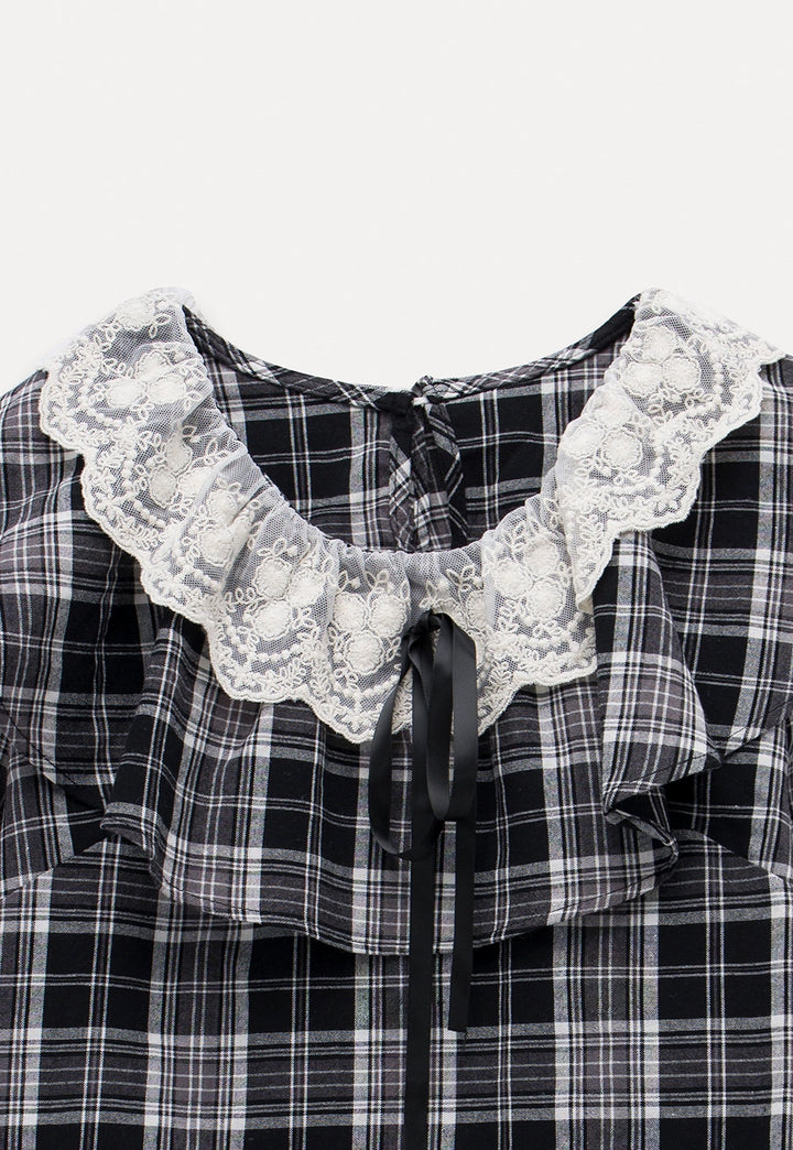 Women’s Plaid Ruffle Lace Blouse