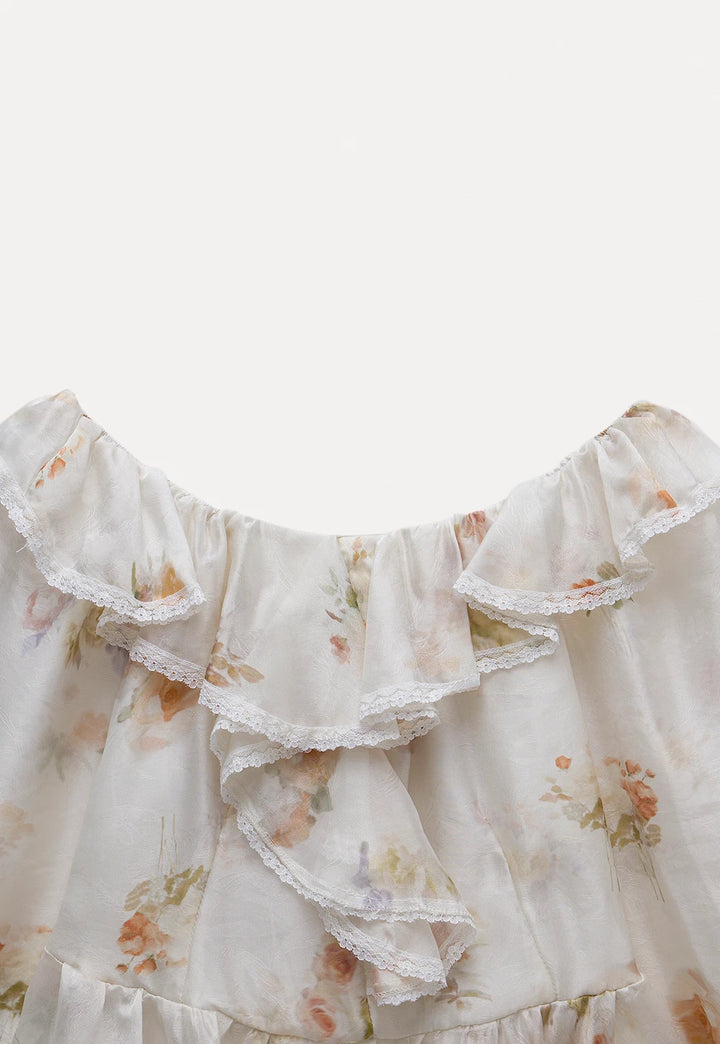 Floral Off-Shoulder Ruffle Blouse with Lace Trim