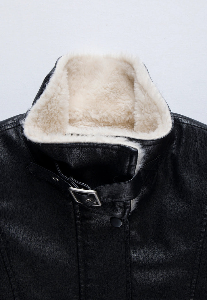 Faux Leather Aviator Jacket with Shearling Collar