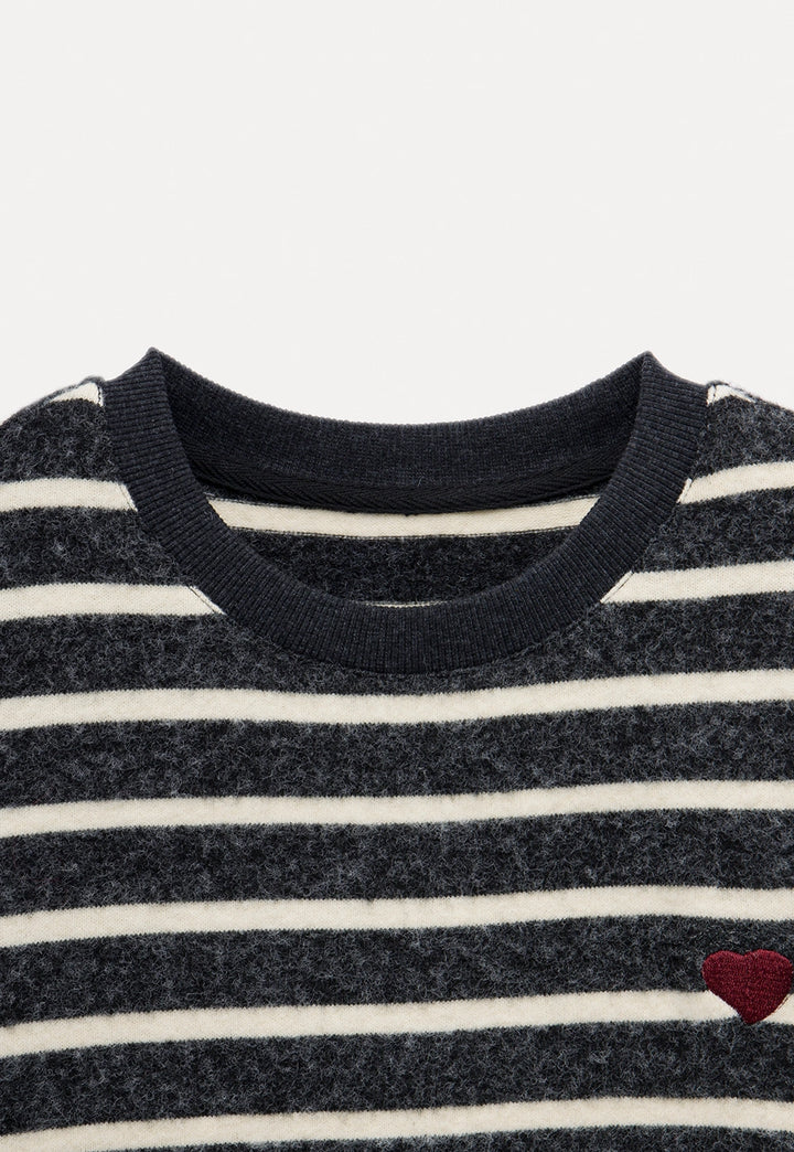 Casual Lazy Striped T-Shirt Loose Round Neck Pullover Brushed Long Sleeves