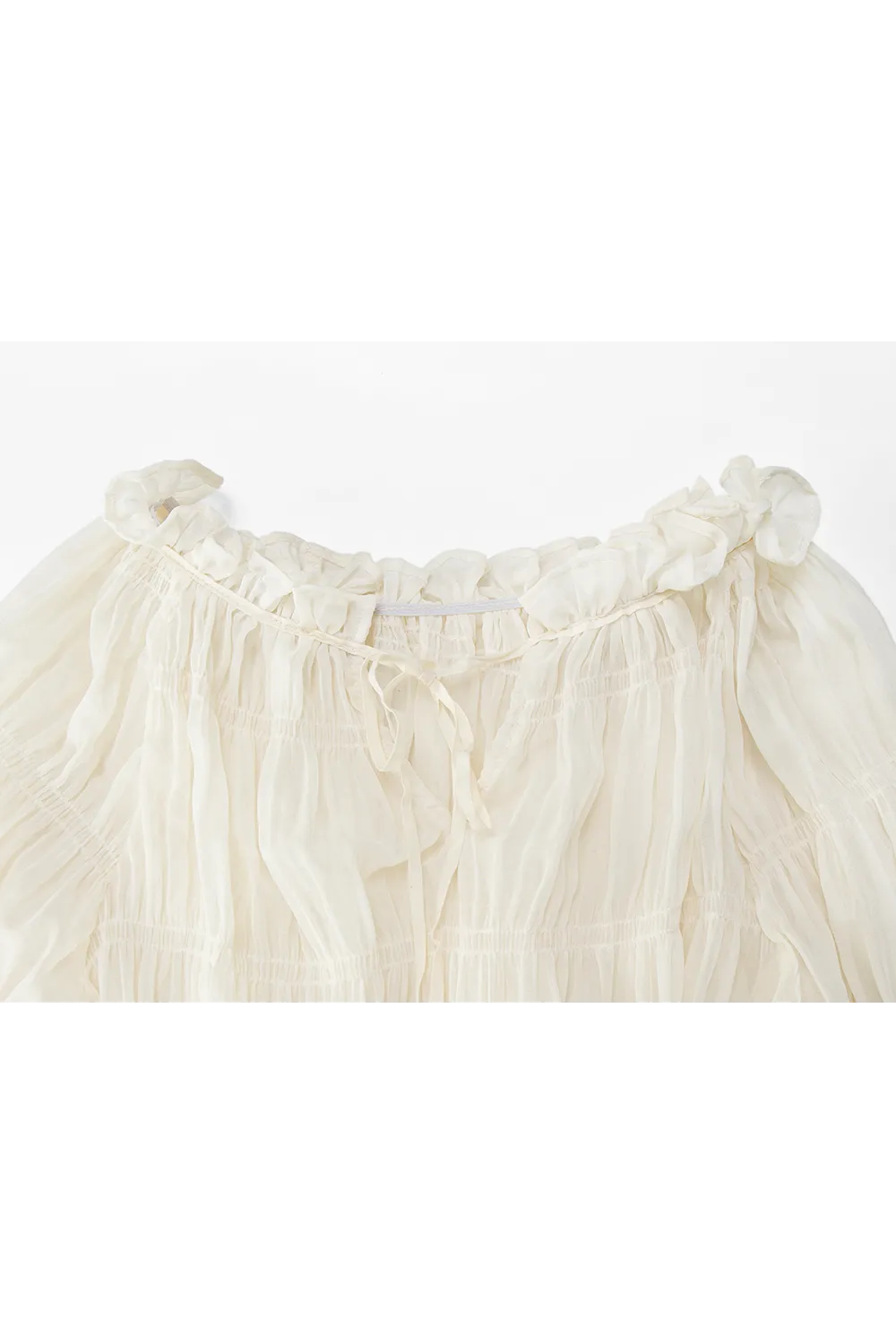 Gathered Ruffle Neckline Blouse with Full Sleeves and Textured Detail