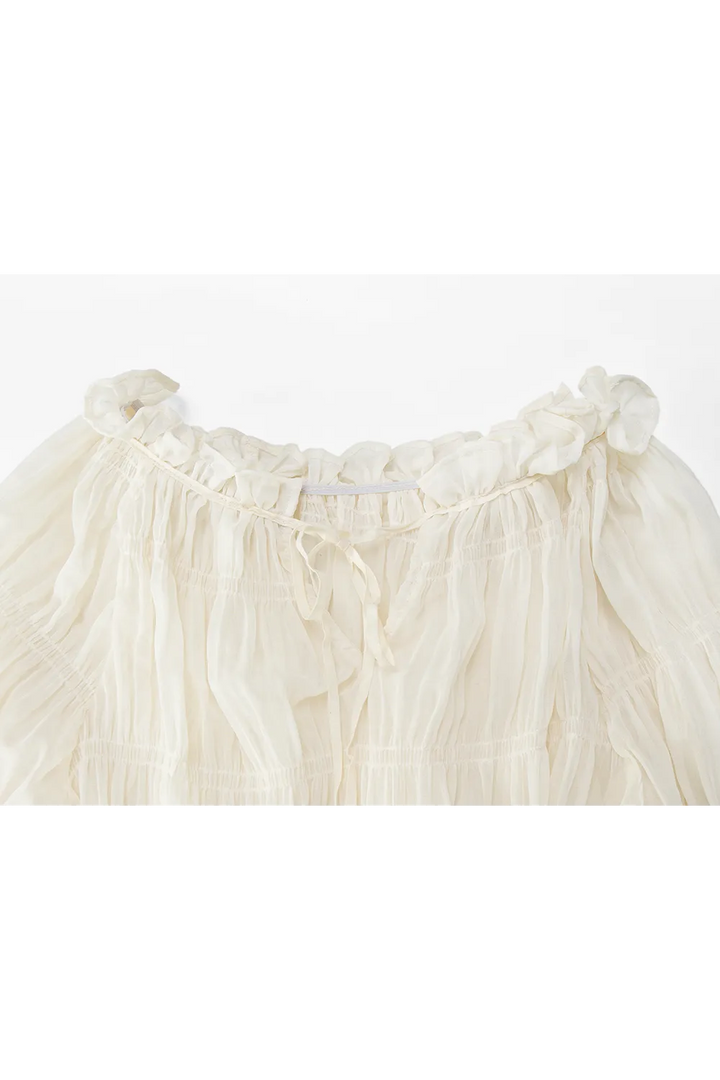 Gathered Ruffle Neckline Blouse with Full Sleeves and Textured Detail