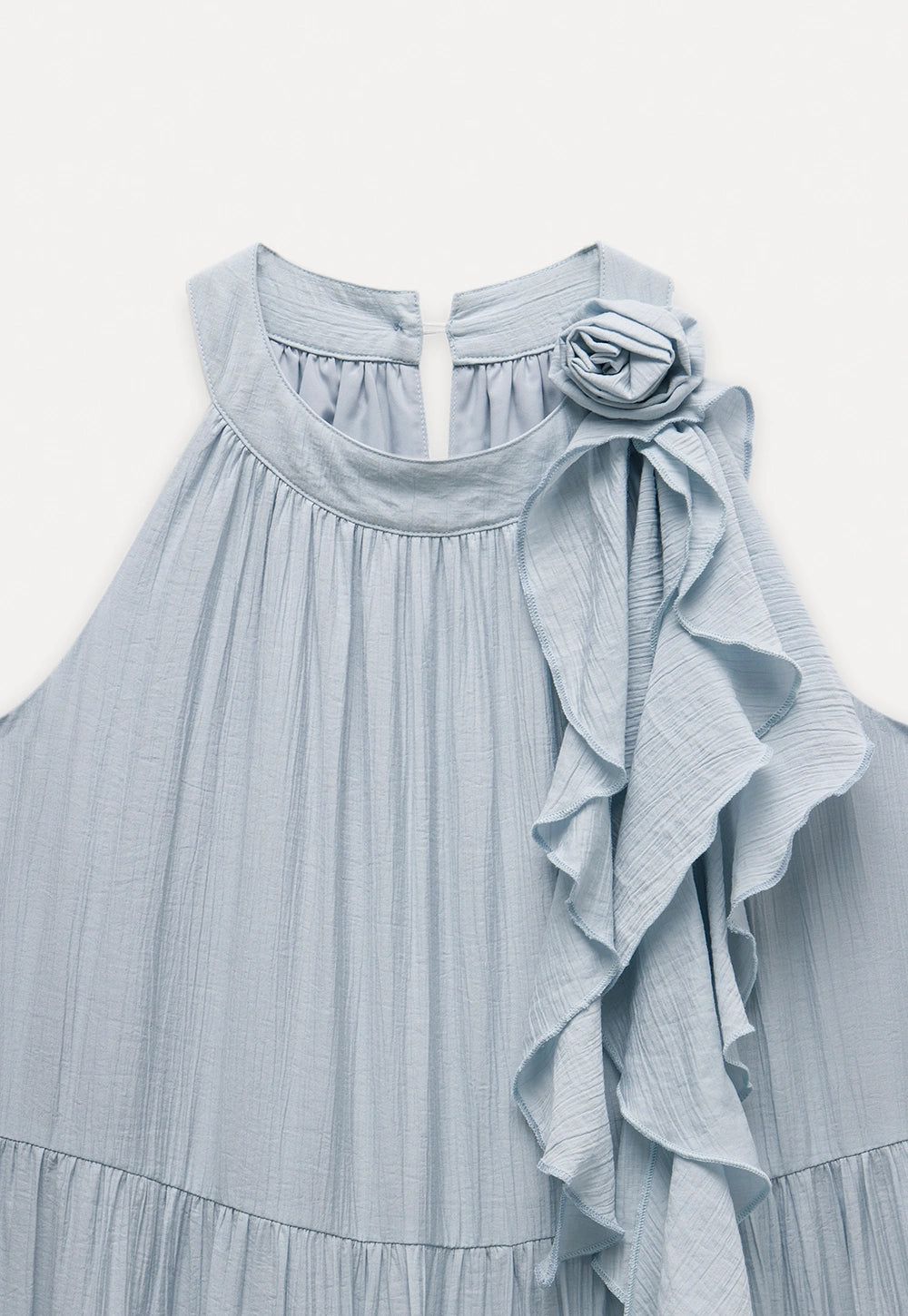 Ruffled Tiered Midi Dress with Flower Detail