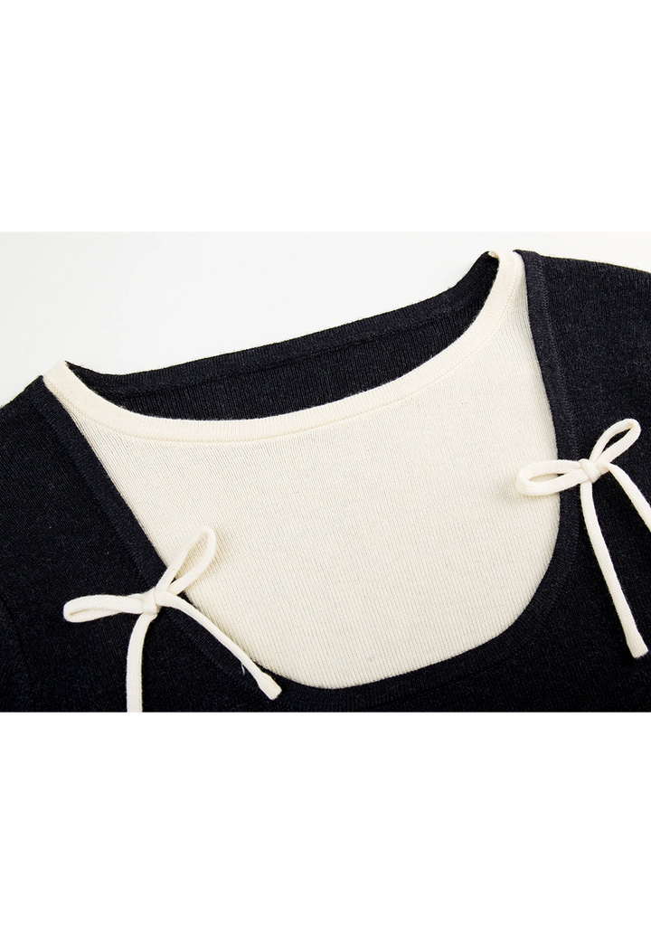 Tied Square Neck Black Long Sleeve Knit Top