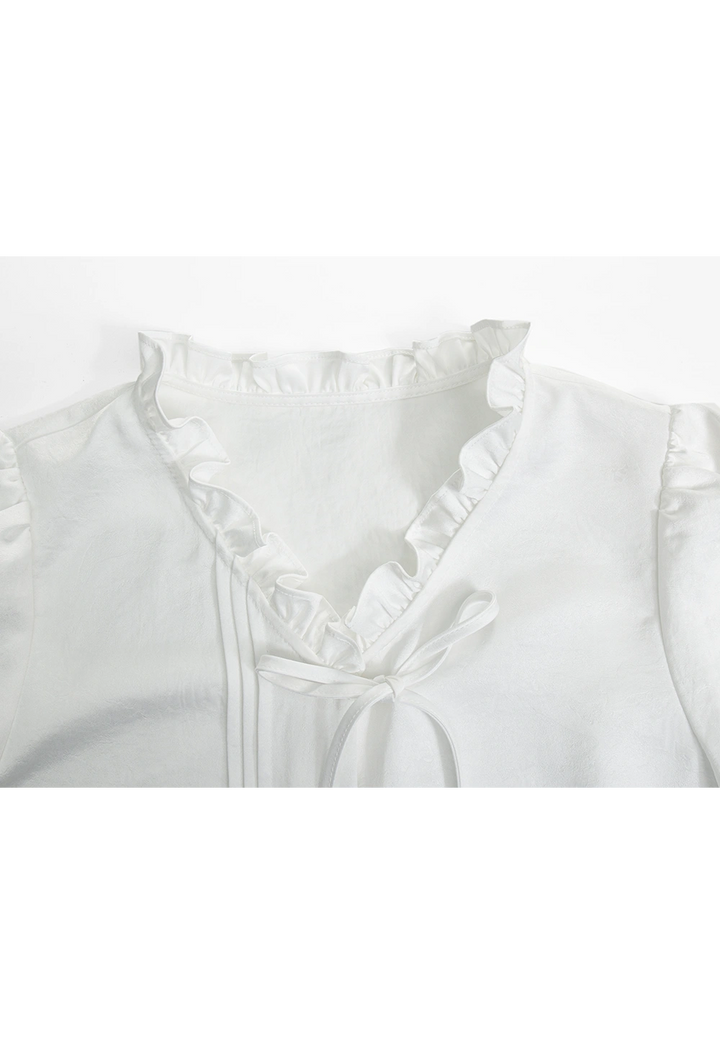 Women's Ruffled White Blouse with Bow Tie Detail