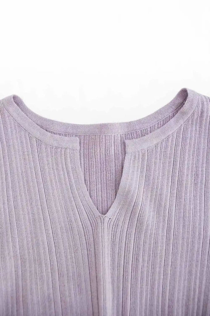 Chic Ribbed Knit Top with V-Neck and Side Buckle Detail