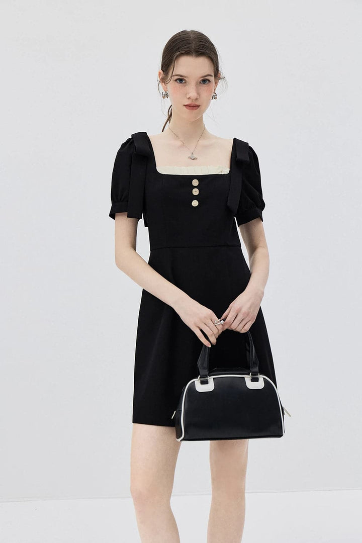 Chic Puff Sleeve Buttoned Square Neck Dress