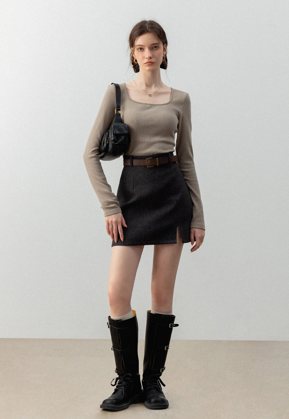 Women's Wool Blend A-Line Mini Skirt with Belt