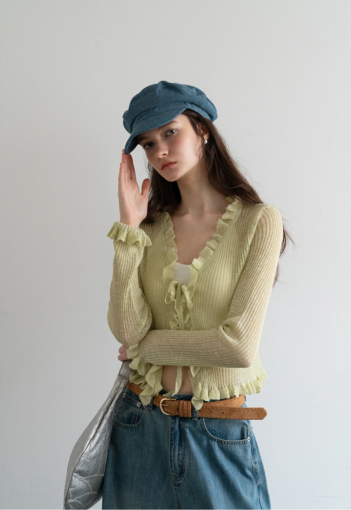 Ruffled Tie-Front Long Sleeve Top