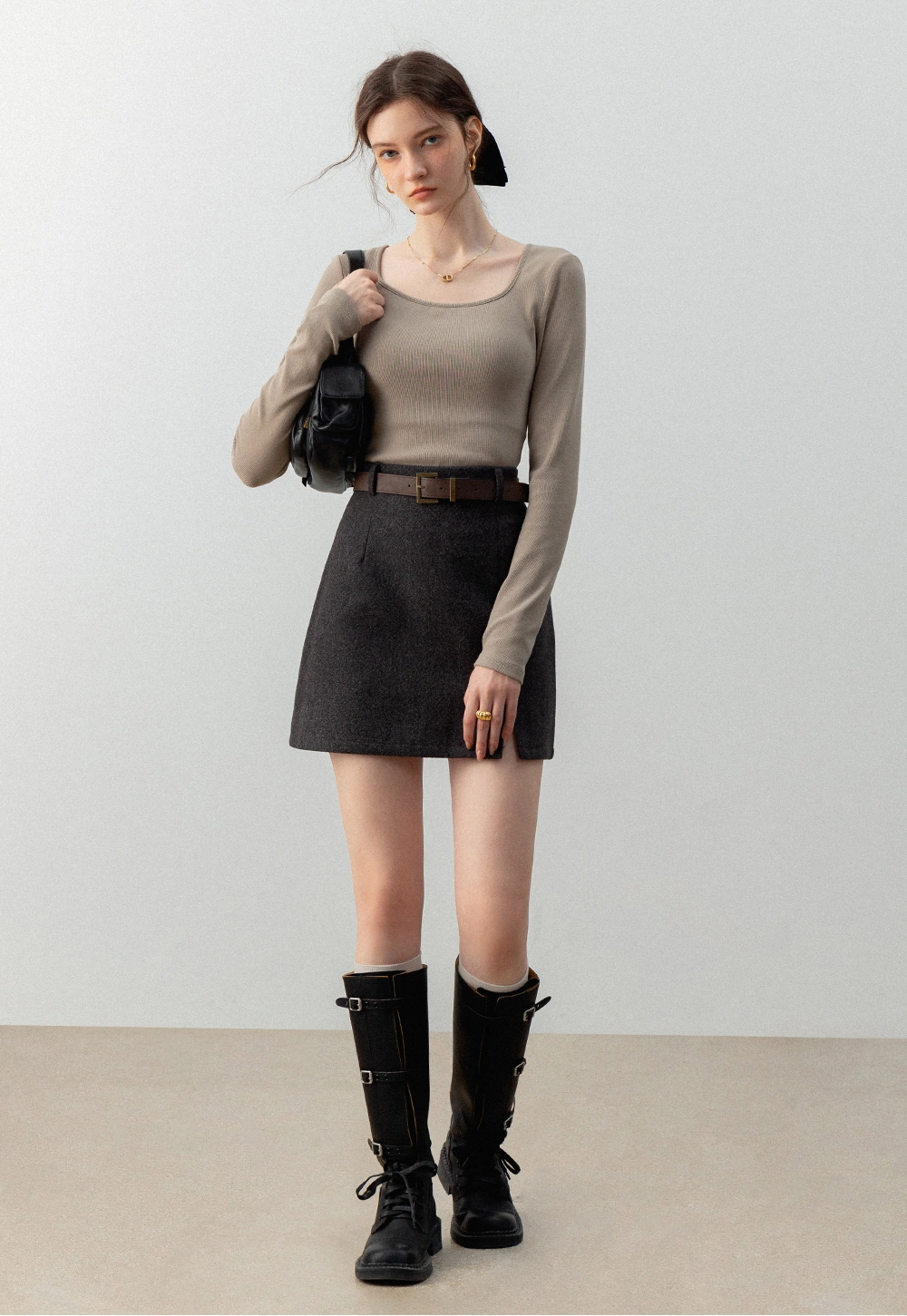 Women's Wool Blend A-Line Mini Skirt with Belt