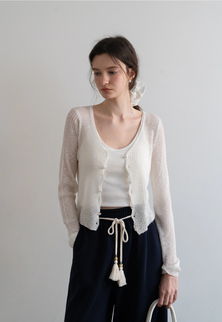 V-Neck Pearl Cross-Button Lightweight Knit Cardigan