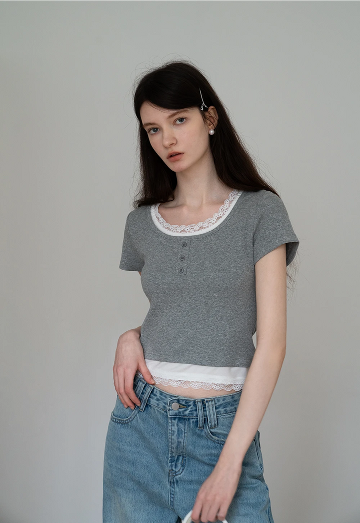 Women's Layered Lace-Trimmed Henley Tee