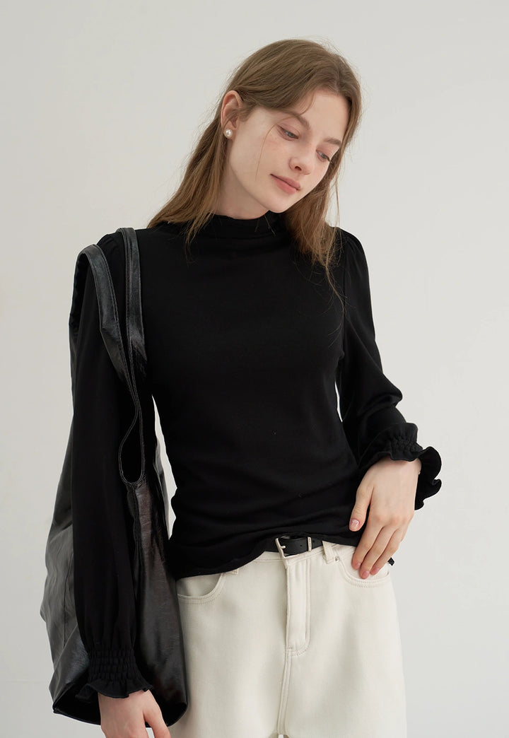 Mock-Necked Fringe-Lined Brushed Top