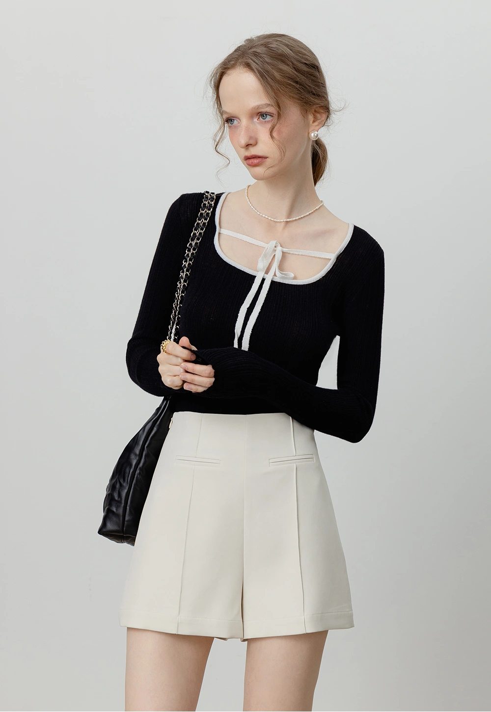 Women's Long-Sleeve Ribbed Knit Top with Tie Neck Detail