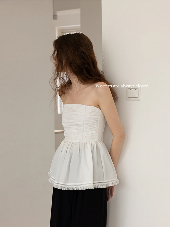 Lace Trim Pleated Hem Bustier Top