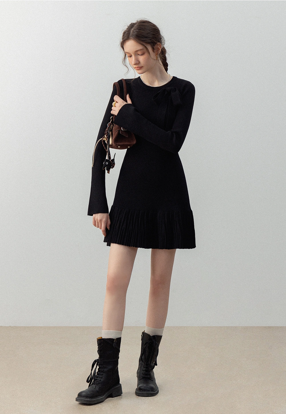 Women's Long Sleeve Bow Detail Ribbed Knit Dress