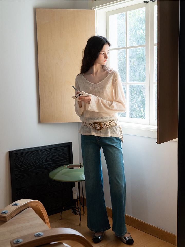 Boho-Inspired Beige Knit Top with Crochet Belt