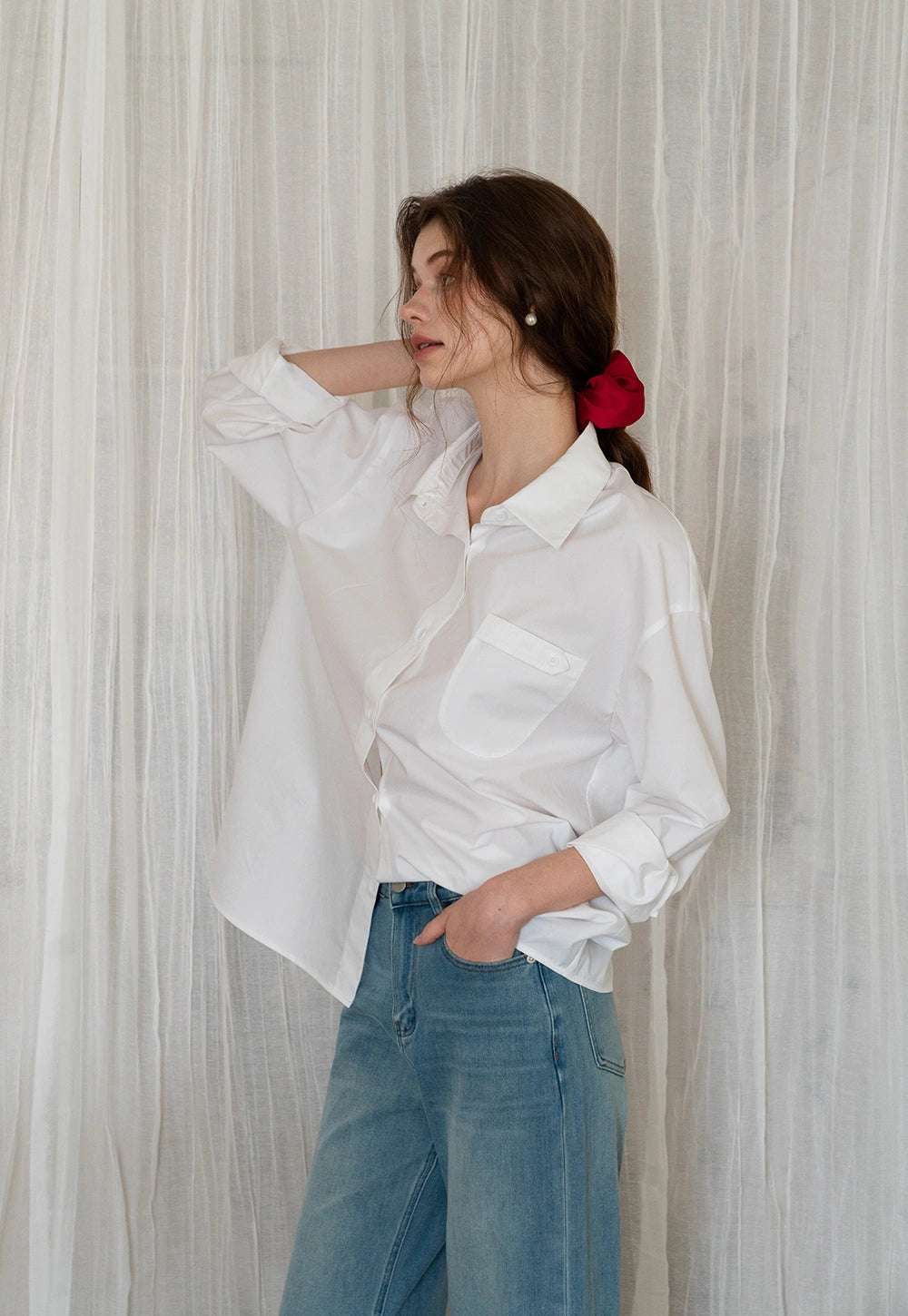 Women's Long-Sleeve Button-Down Shirt with Chest Pocket