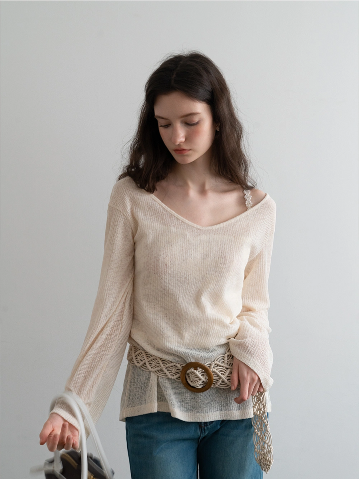 Boho-Inspired Beige Knit Top with Crochet Belt