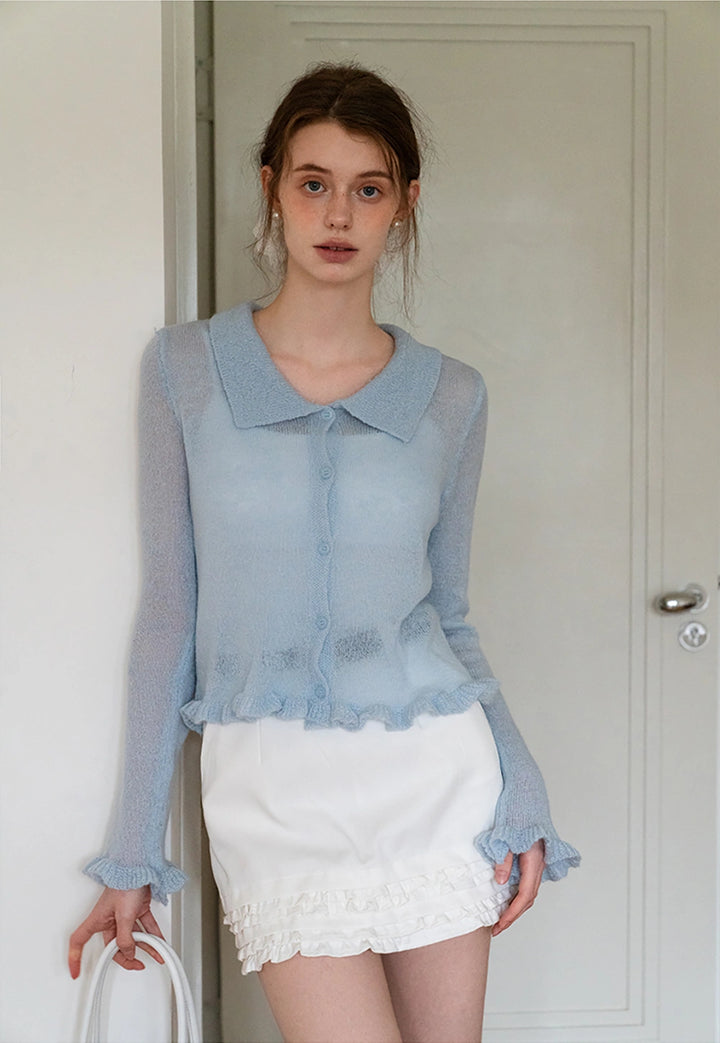 Women’s Gray Ruffle Collar Cropped Cardigan