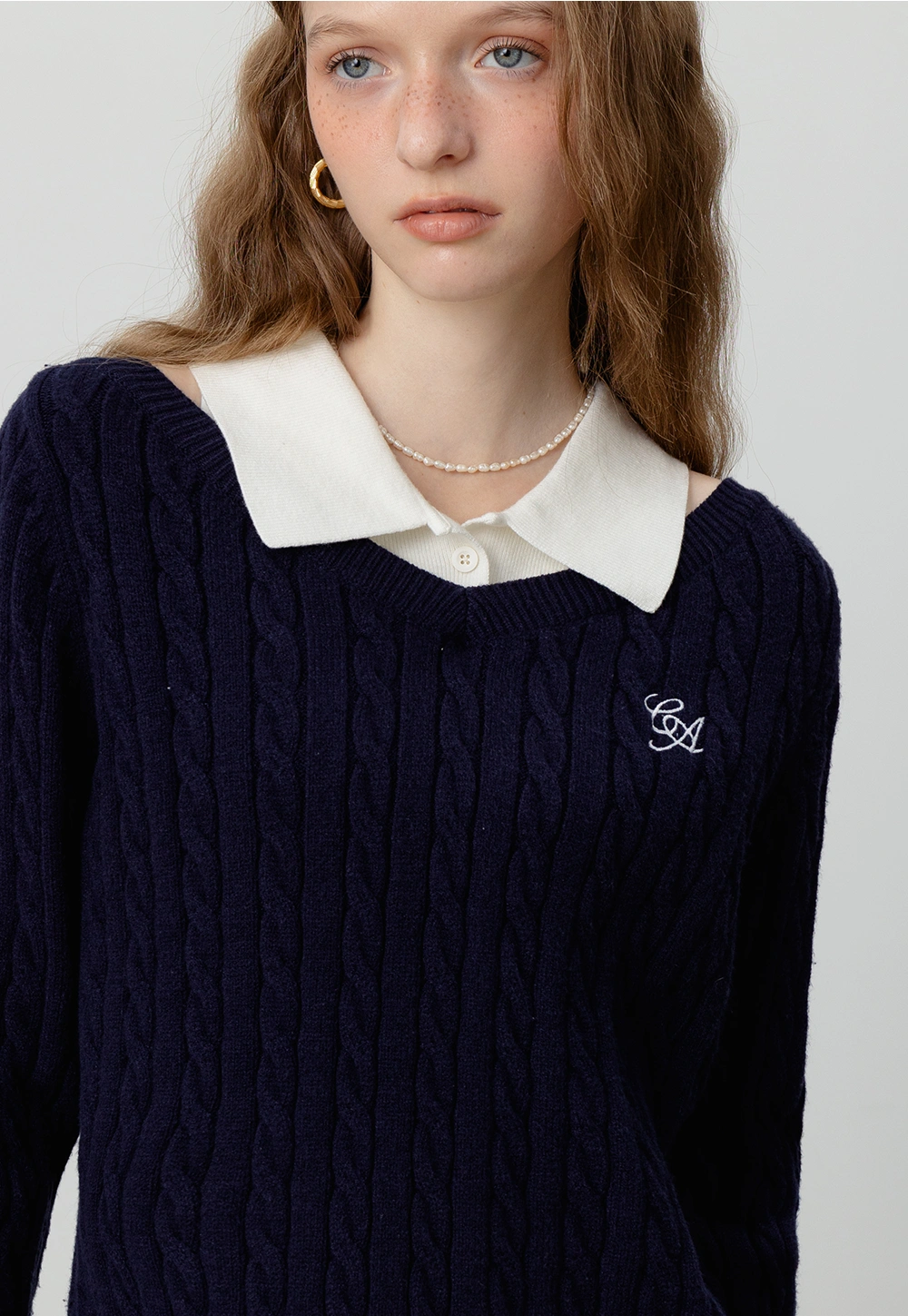 Cable Knit Sweater with Collar Detail