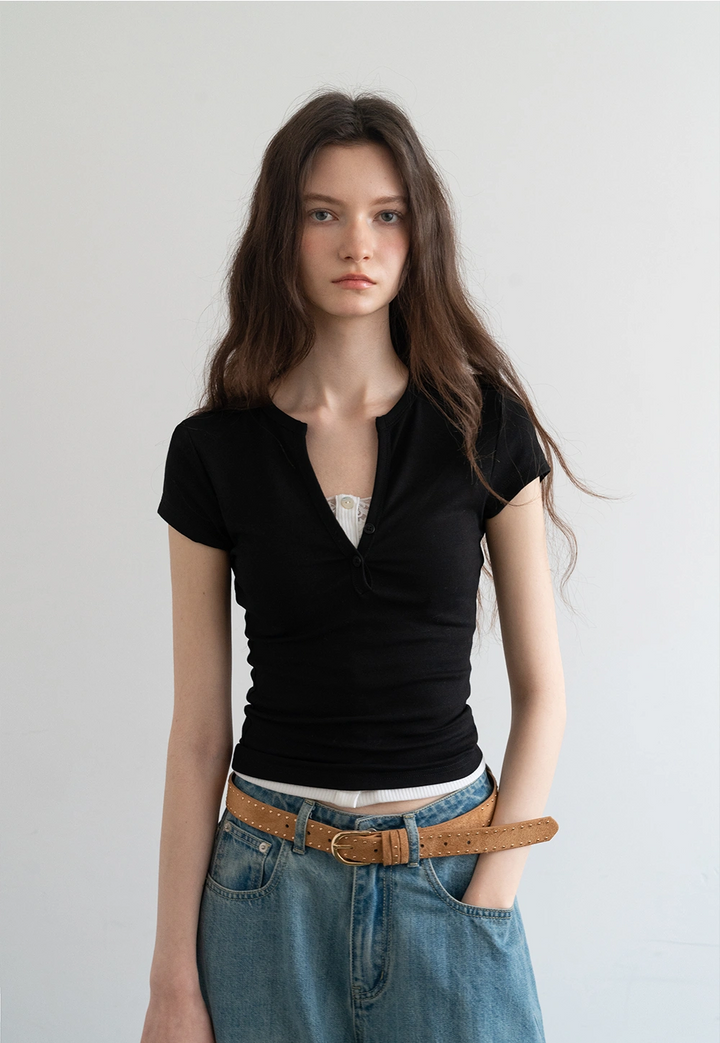 Women's Casual V-Neck Buttoned Short-Sleeve Tee