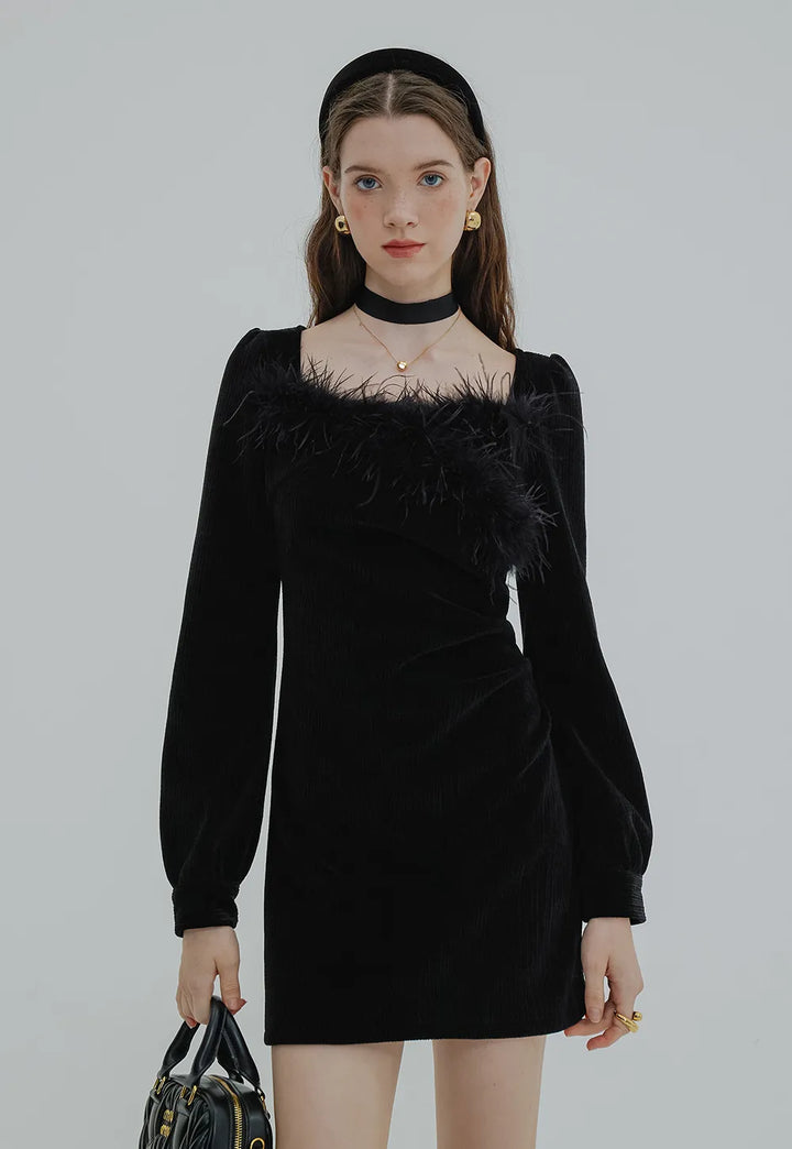 Feather-Trimmed Textured Long-Sleeve Dress