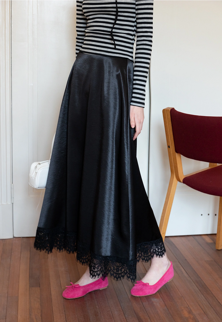 Women’s Satin Maxi Skirt with Lace Detail