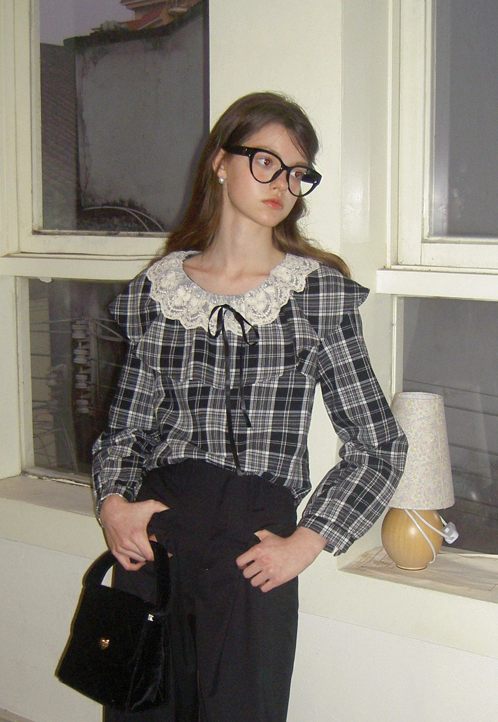 Women’s Plaid Ruffle Lace Blouse