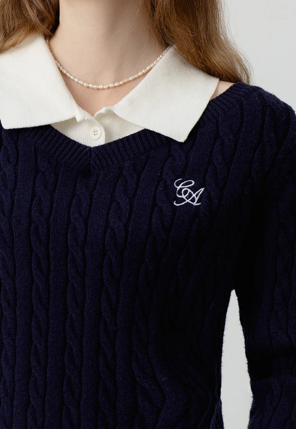 Cable Knit Sweater with Collar Detail