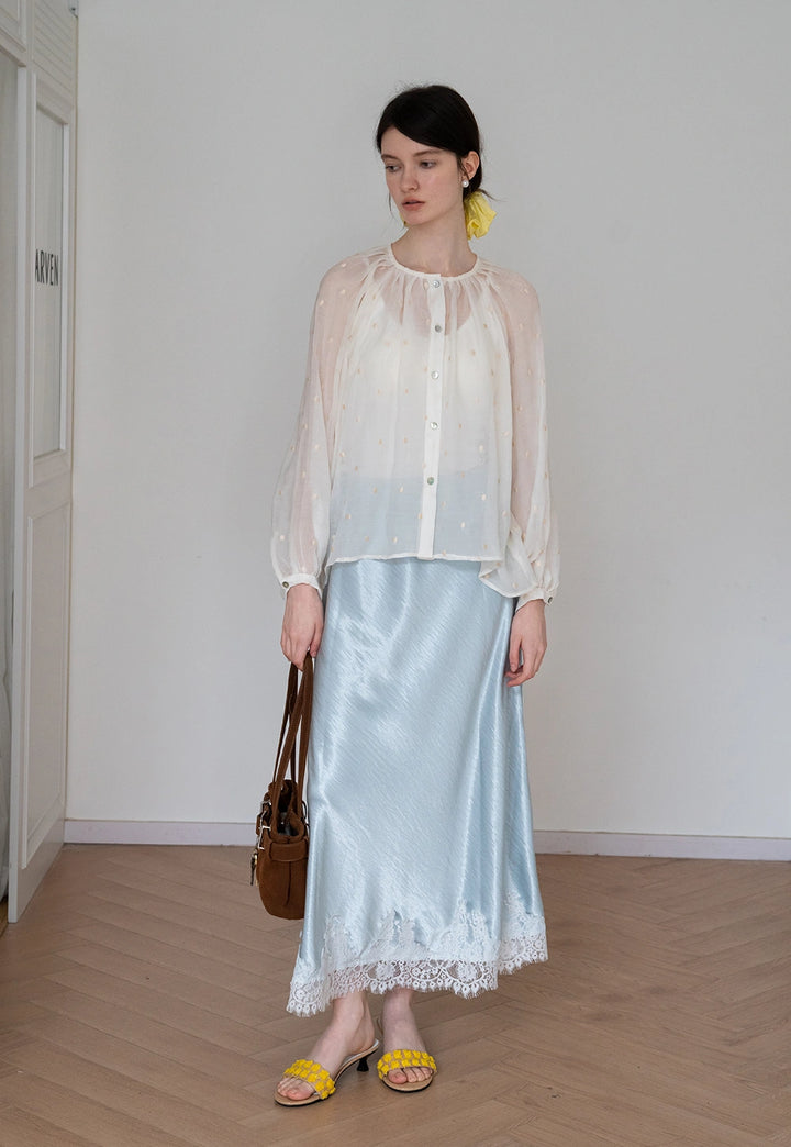 Satin Midi Skirt with Lace Hem