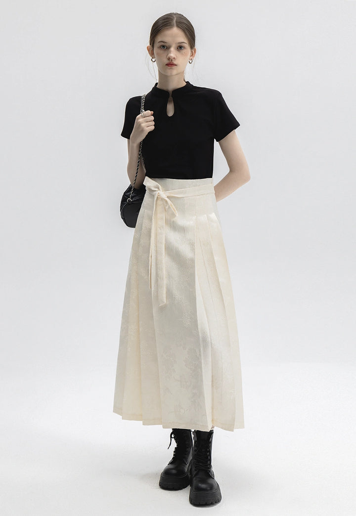 Elegant Black Floral Jacquard Midi Skirt with Waist Tie