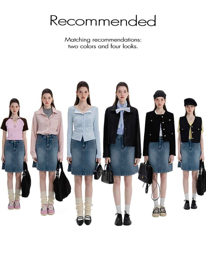 Skirt A-Line Denim Pinggang Tinggi Klasik Wanita