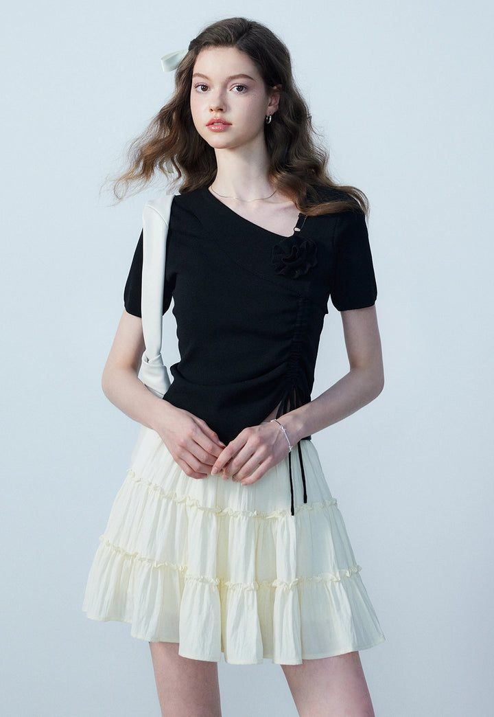 tylish Short Sleeve Top with Asymmetric Neckline and Ruched Detai