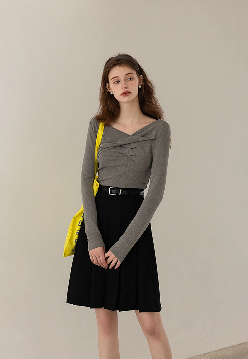 High-Waist Korean Style Pleated Midi Skirt With Belt